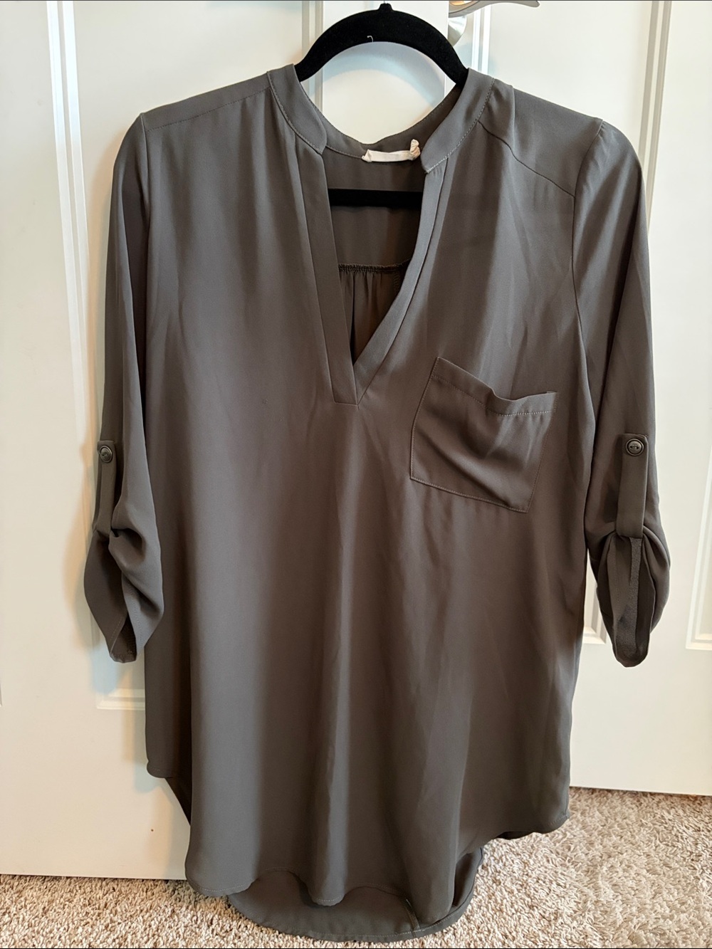 Lush Olive Gray V-Neck Roll-Tab Tunic